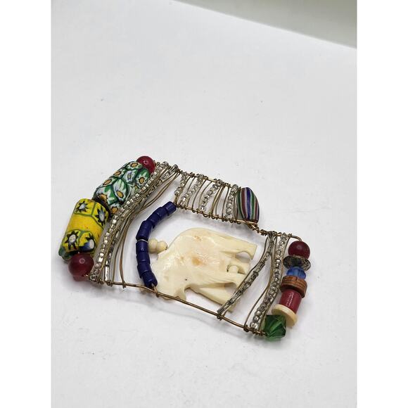 Boho Folk Art Elephant Pendant Mixed Media Beaded Wire Vintage Jewelry Piece - Picture 3 of 11